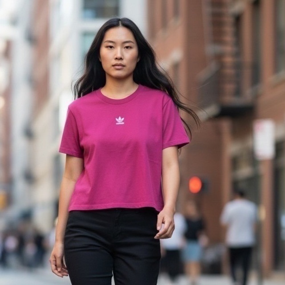 Adidas Dark Pink Trefoil Cropped T-Shirt Short Sleeve Top Women's L Large